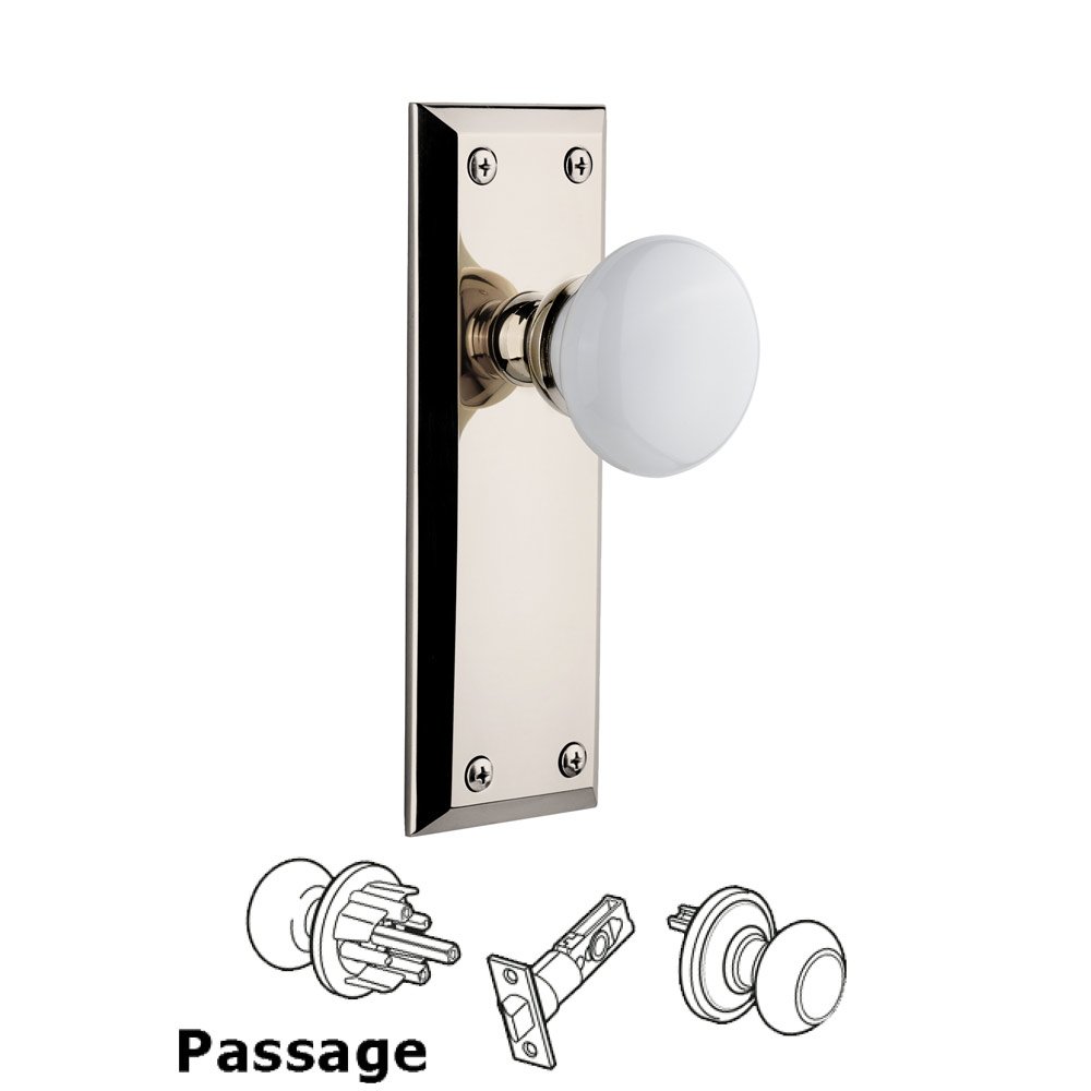 Fifth Avenue Plate Passage with Hyde Park White Porcelain Knob in Polished Nickel