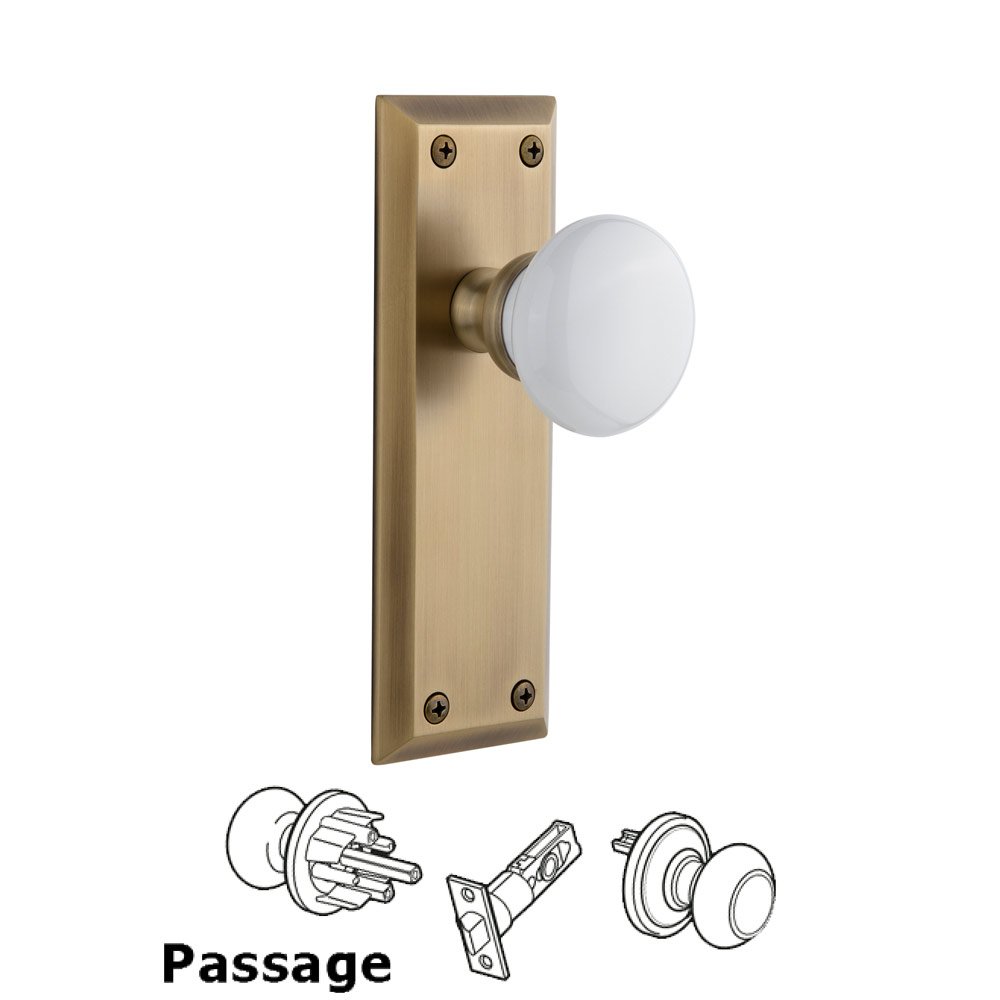 Fifth Avenue Plate Passage with Hyde Park White Porcelain Knob in Vintage Brass