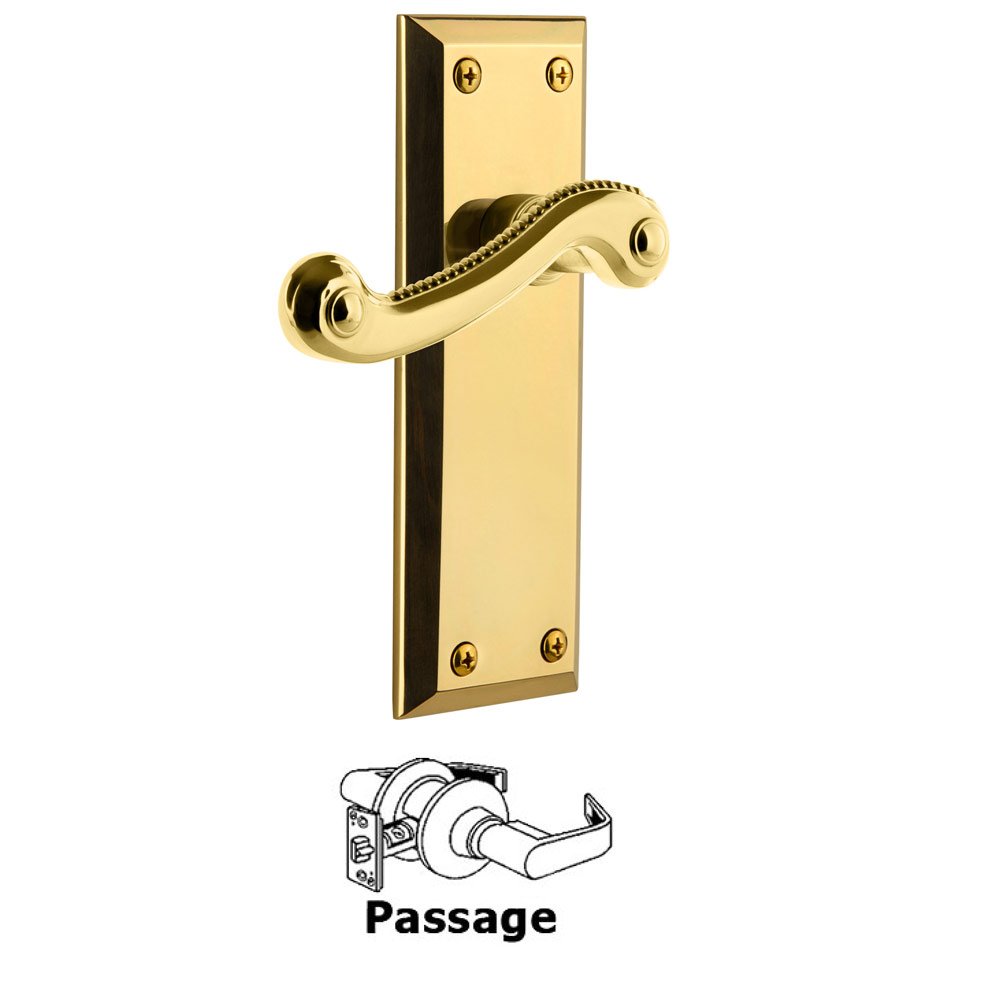 Passage Fifth Avenue Plate with Newport Left Handed Lever in Polished Brass