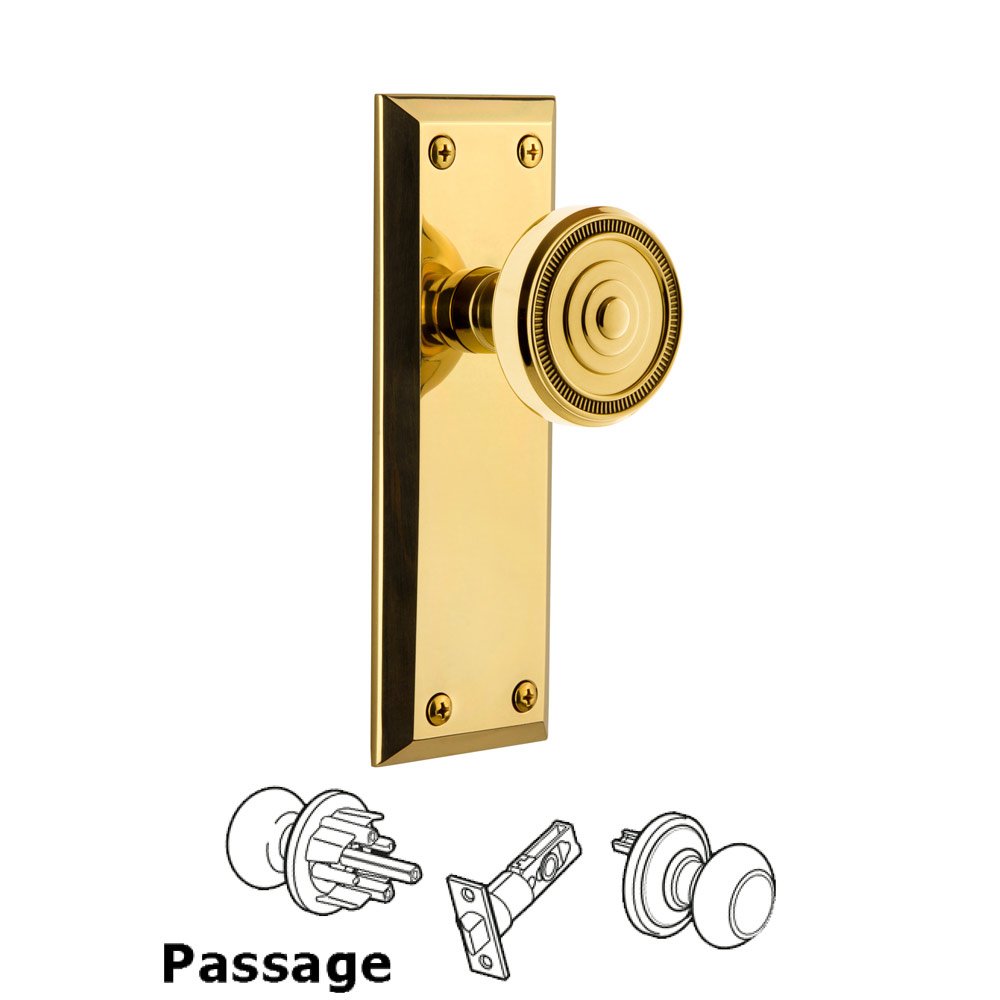 Grandeur Fifth Avenue Plate Passage with Soleil Knob in Polished Brass