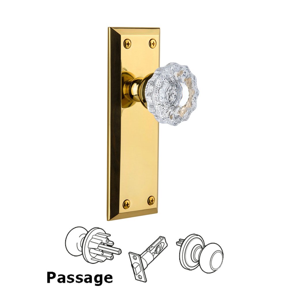 Grandeur Fifth Avenue Plate Passage with Versailles Crystal Knob in Polished Brass