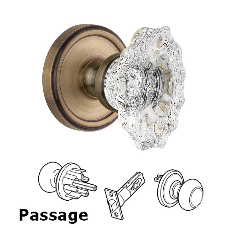 Grandeur Georgetown Plate Passage with Biarritz crystal knob in Vintage Brass