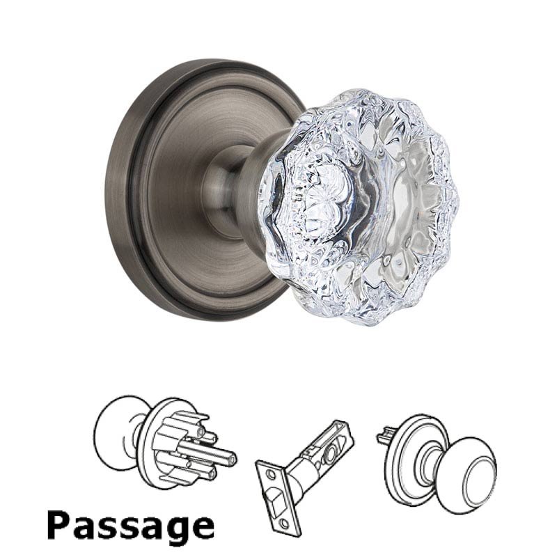 Grandeur Georgetown Plate Passage with Fontainebleau Crystal Knob in Antique Pewter