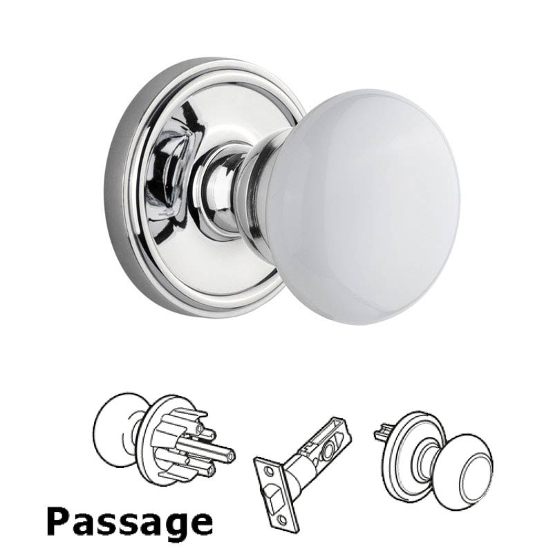 Georgetown Plate Passage with Hyde Park White Porcelain Knob in Bright Chrome