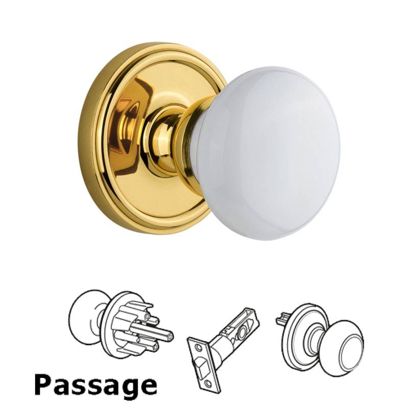 Georgetown Plate Passage with Hyde Park White Porcelain Knob in Polished Brass