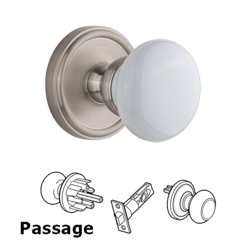 Georgetown Plate Passage with Hyde Park White Porcelain Knob in Satin Nickel