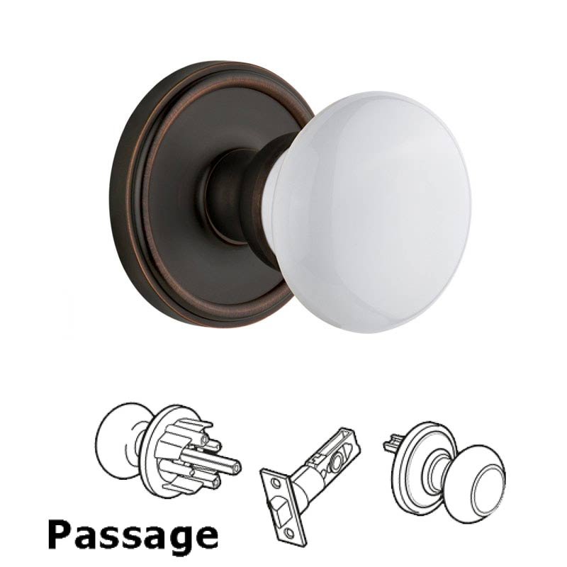 Georgetown Plate Passage with Hyde Park White Porcelain Knob in Timeless Bronze
