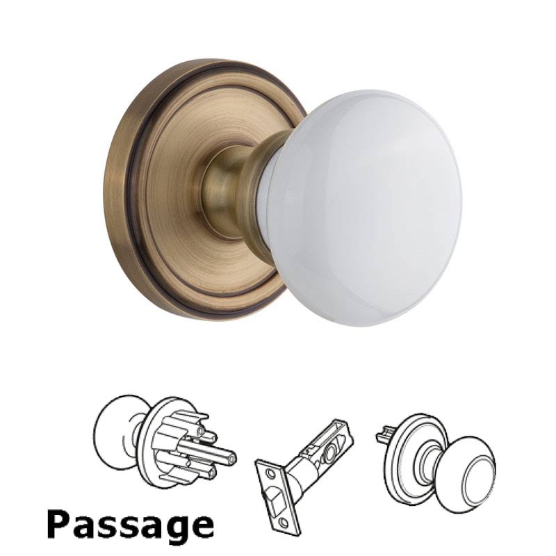 Georgetown Plate Passage with Hyde Park White Porcelain Knob in Vintage Brass