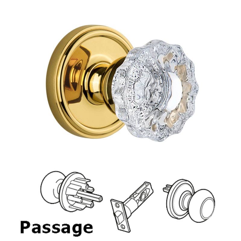 Grandeur Georgetown Plate Passage with Versailles Crystal Knob in Polished Brass