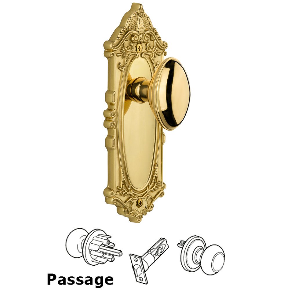 Grandeur Grande Victorian Plate Passage with Eden Prairie Knob in Polished Brass