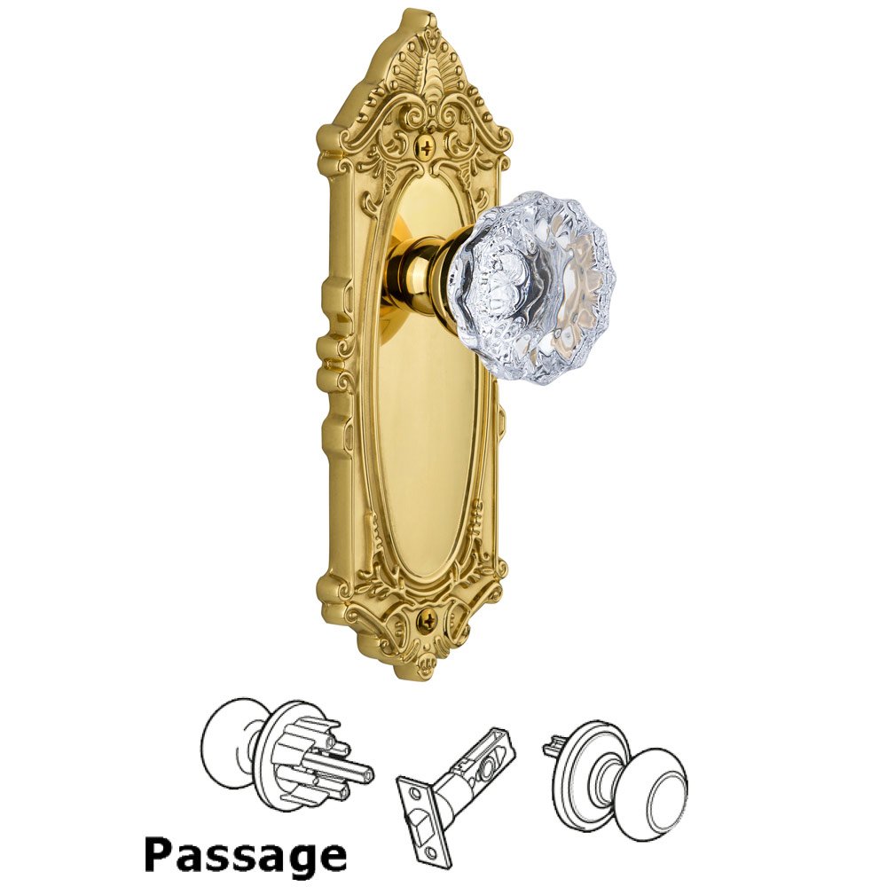 Grandeur Grande Victorian Plate Passage with Fontainebleau Knob in Polished Brass
