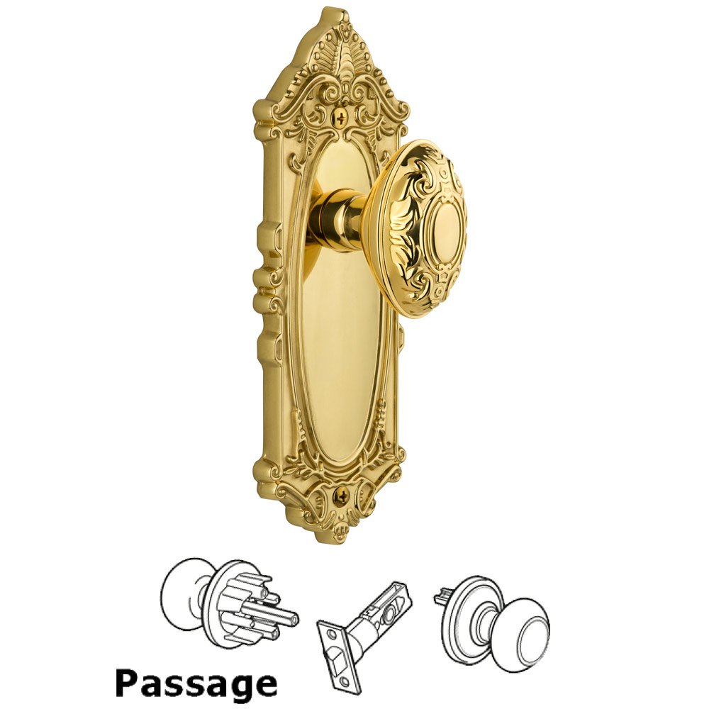 Grandeur Grande Victorian Plate Passage with Grande Victorian Knob in Polished Brass