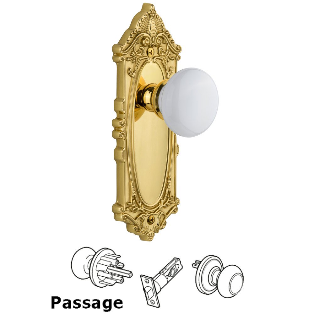 Grande Victorian Plate Passage with Hyde Park White Porcelain Knob in Polished Brass