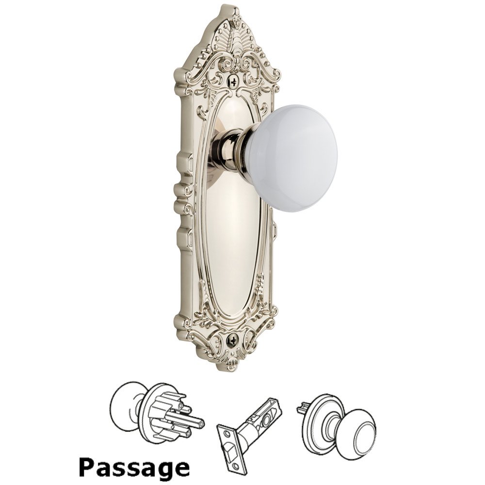 Grande Victorian Plate Passage with Hyde Park White Porcelain Knob in Polished Nickel