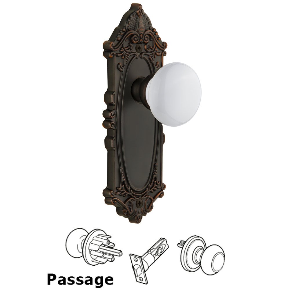 Grande Victorian Plate Passage with Hyde Park White Porcelain Knob in Timeless Bronze