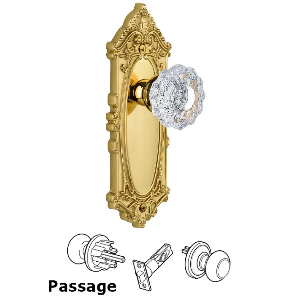Grandeur Grande Victorian Plate Passage with Versailles Knob in Polished Brass