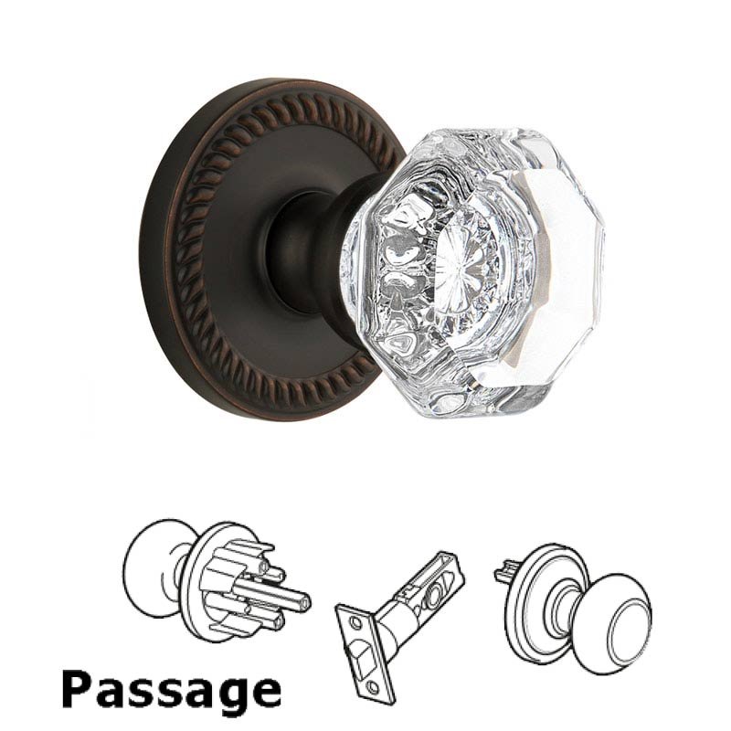 Grandeur Newport Plate Passage with Chambord Crystal Knob in Timeless Bronze