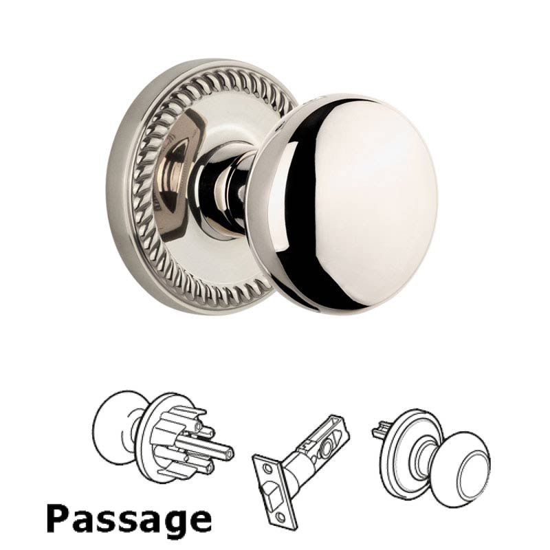 Grandeur Newport Plate Passage with Fifth Avenue Knob in Polished Nickel