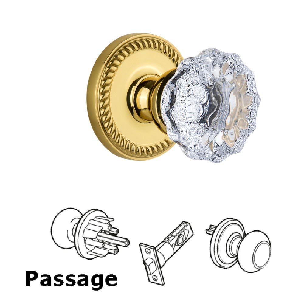 Grandeur Newport Plate Passage with Fontainebleau Crystal Knob in Lifetime Brass