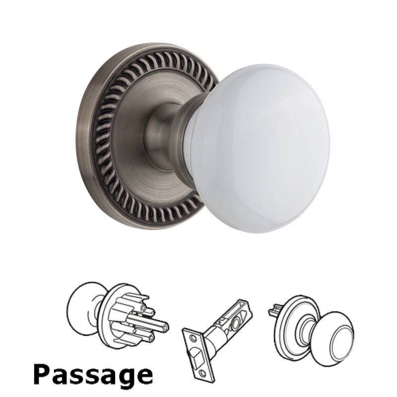 Newport Plate Passage with Hyde Park White Porcelain Knob in Antique Pewter