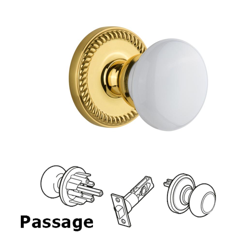 Newport Plate Passage with Hyde Park White Porcelain Knob in Lifetime Brass