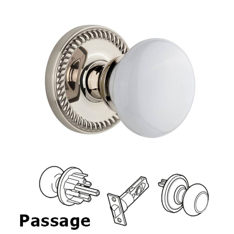 Newport Plate Passage with Hyde Park White Porcelain Knob in Polished Nickel