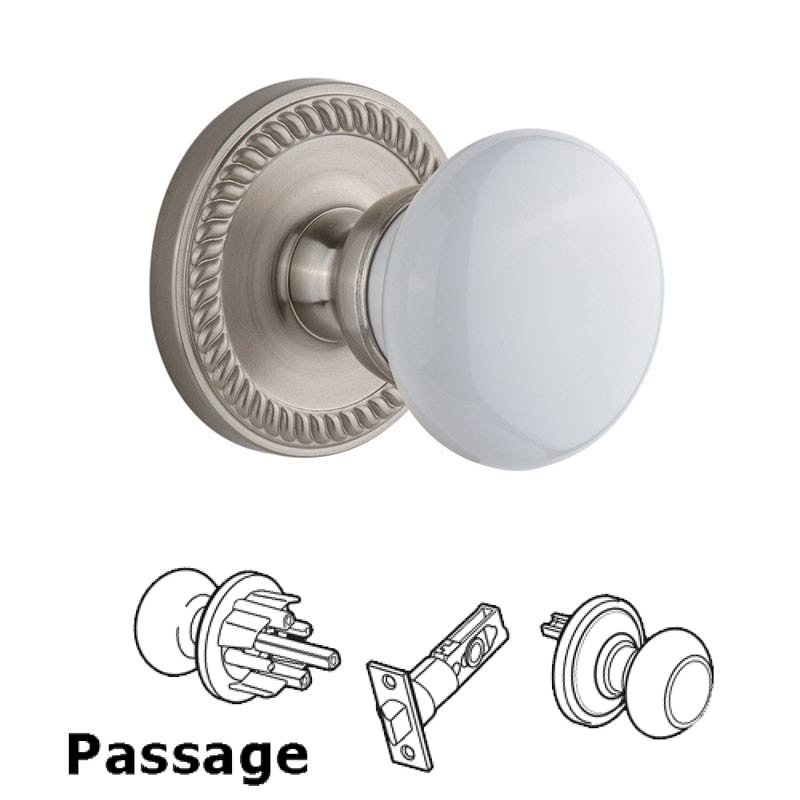 Newport Plate Passage with Hyde Park White Porcelain Knob in Satin Nickel