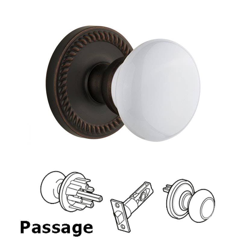 Newport Plate Passage with Hyde Park White Porcelain Knob in Timeless Bronze