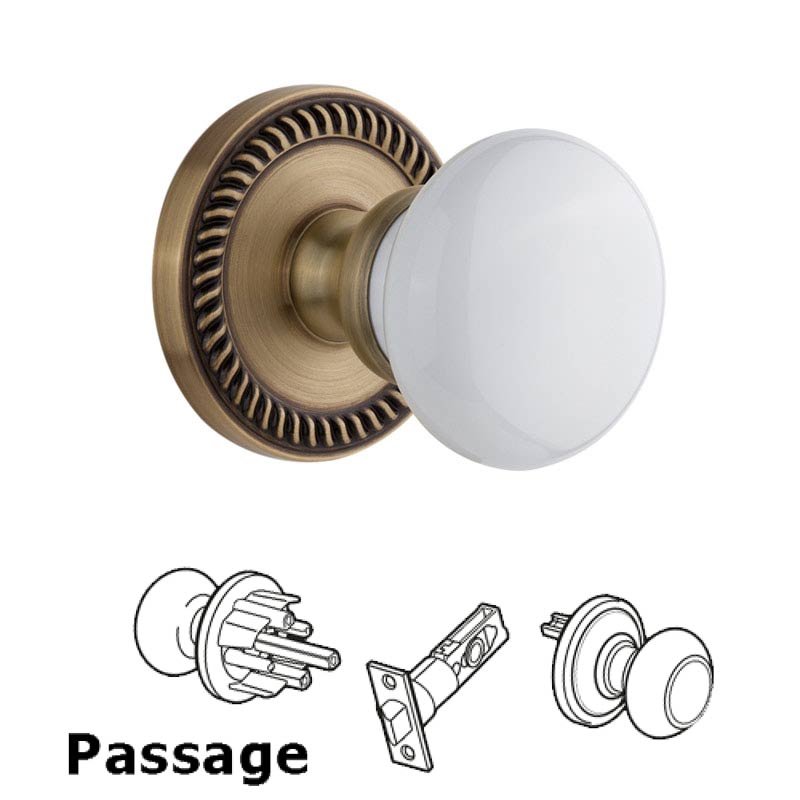 Newport Plate Passage with Hyde Park White Porcelain Knob in Vintage Brass