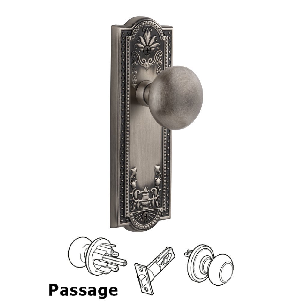 Grandeur Parthenon Plate Passage with Fifth Avenue Knob in Antique Pewter