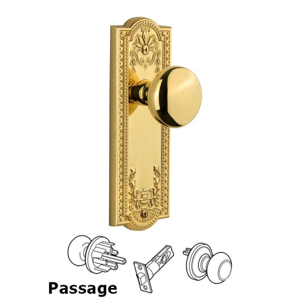Grandeur Parthenon Plate Passage with Fifth Avenue Knob in Lifetime Brass
