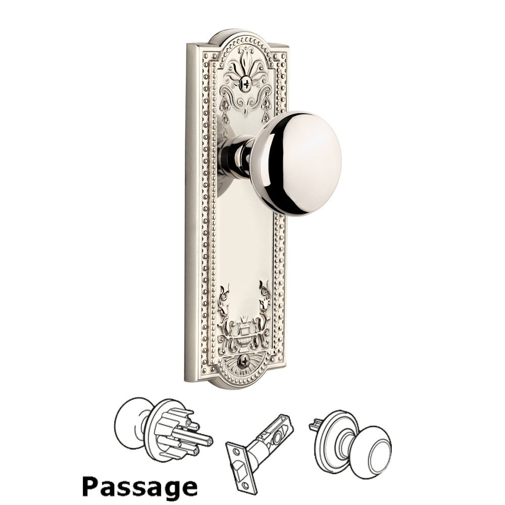 Grandeur Parthenon Plate Passage with Fifth Avenue Knob in Polished Nickel