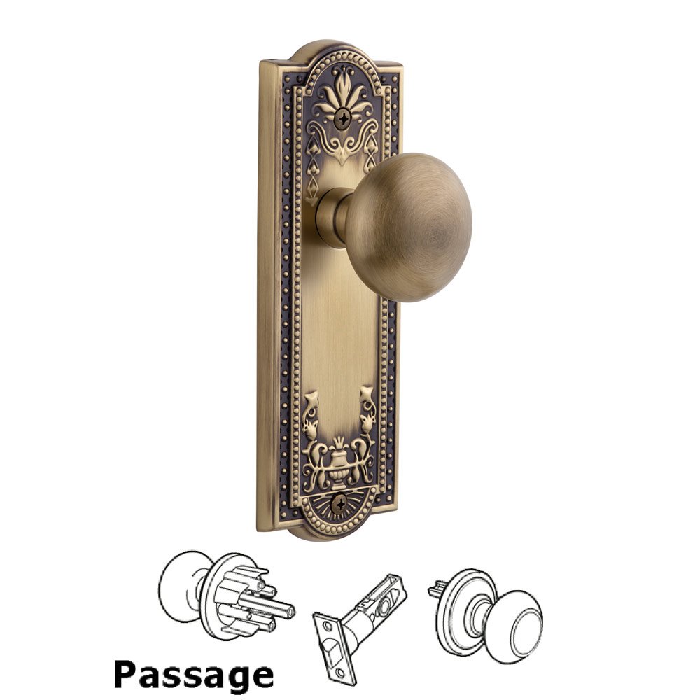 Grandeur Parthenon Plate Passage with Fifth Avenue Knob in Vintage Brass