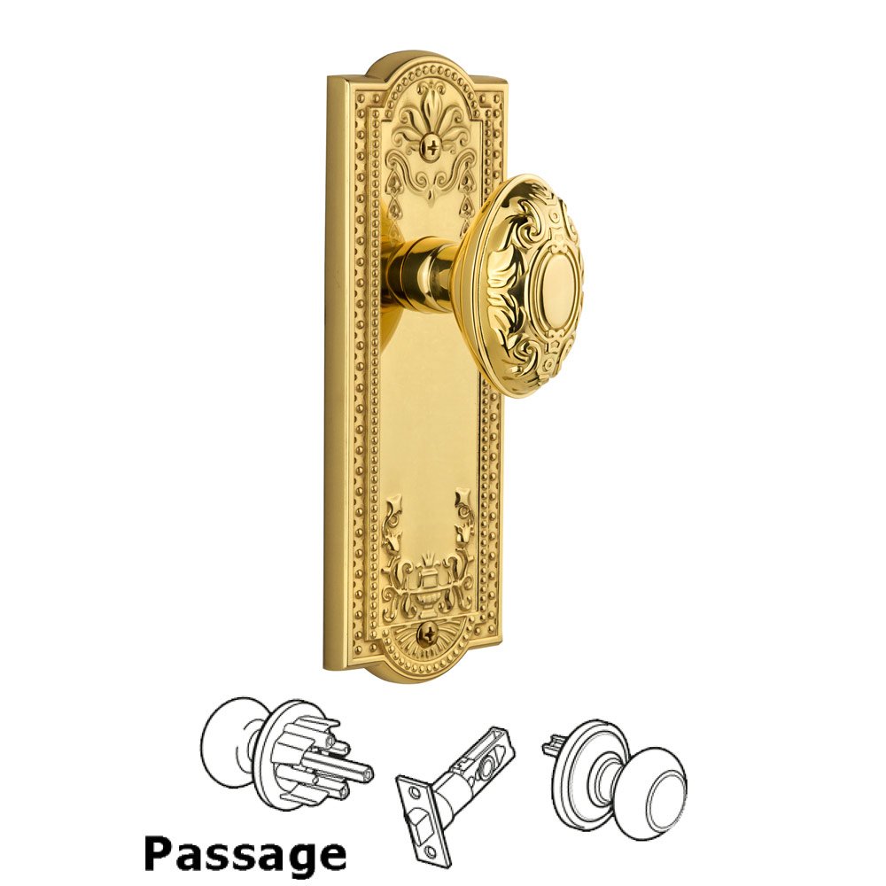 Grandeur Parthenon Plate Passage with Grande Victorian Knob in Polished Brass
