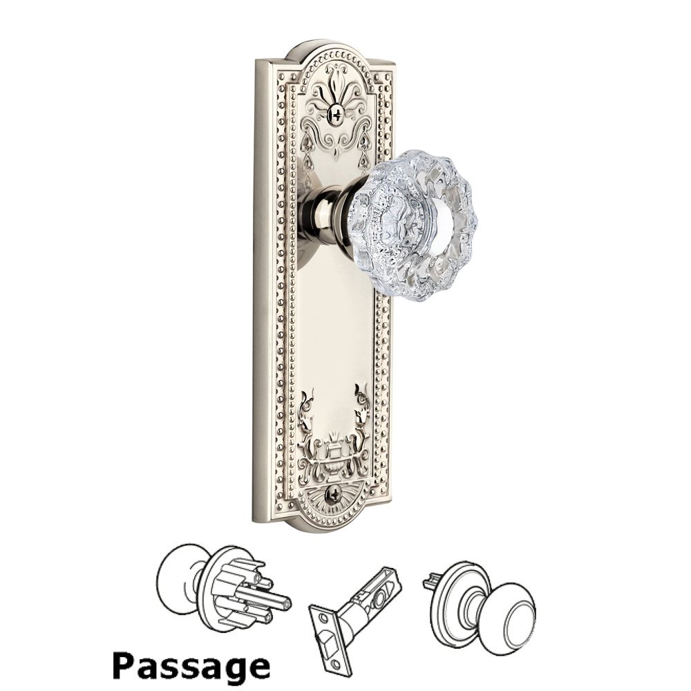 Grandeur Parthenon Plate Passage with Versailles Knob in Polished Nickel