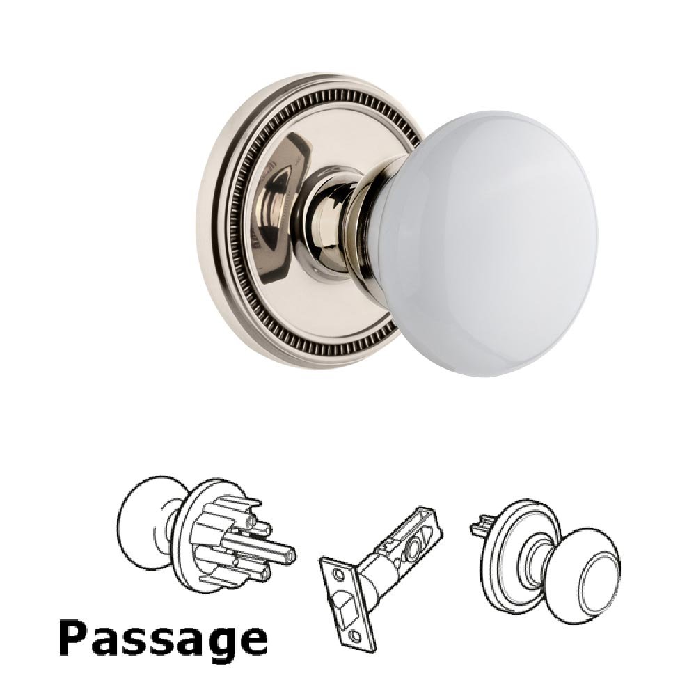 Soleil Rosette Passage with Hyde Park White Porcelain Knob in Polished Nickel