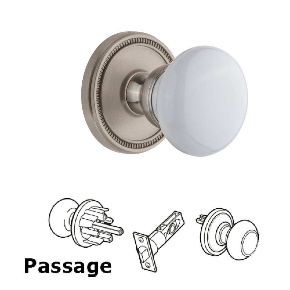 Soleil Rosette Passage with Hyde Park White Porcelain Knob in Satin Nickel