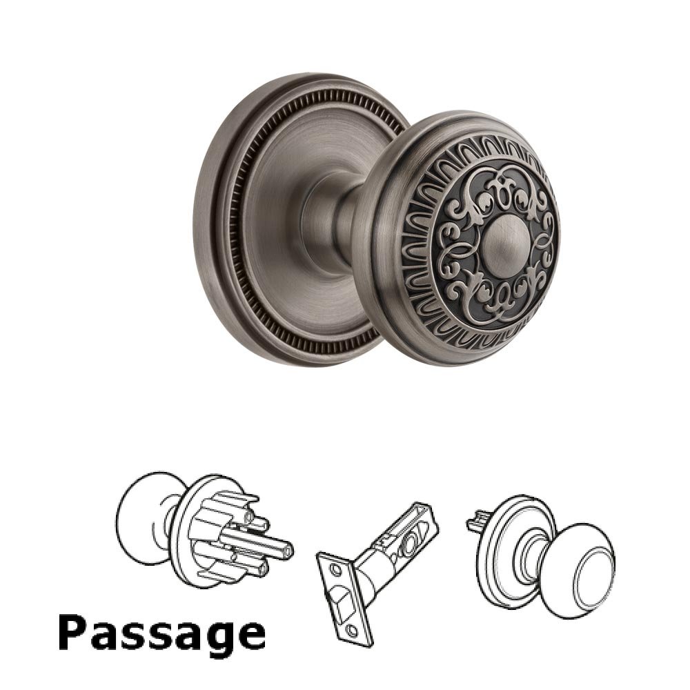 Soleil Rosette Passage with Windsor Knob in Antique Pewter