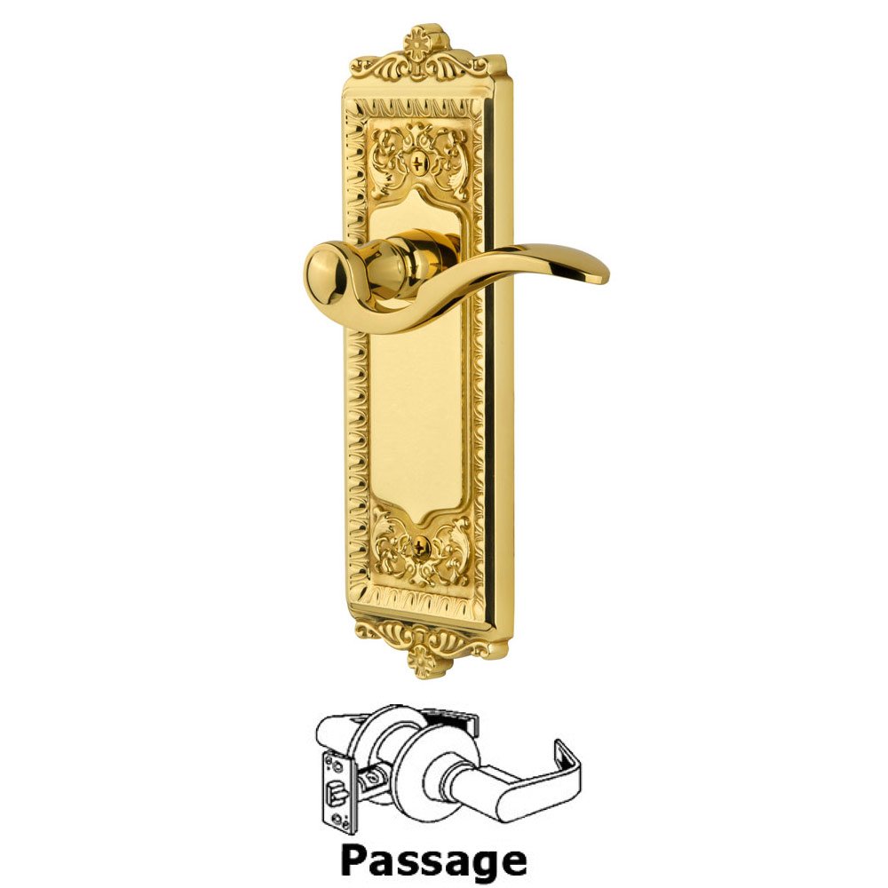 Passage Windsor Plate with Left Handed Bellagio Lever in Polished Brass