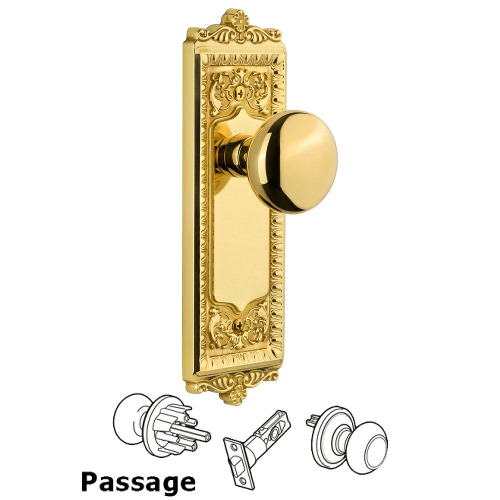 Windsor Plate Passage with Fifth Avenue knob in Lifetime Brass
