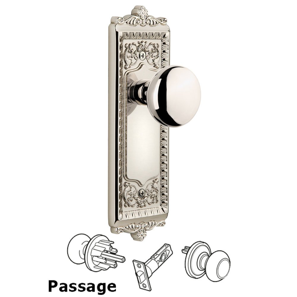 Windsor Plate Passage with Fifth Avenue knob in Polished Nickel
