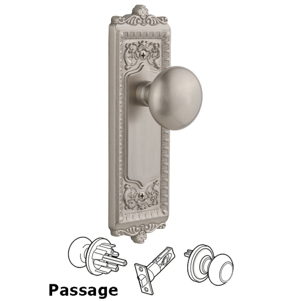 Windsor Plate Passage with Fifth Avenue knob in Satin Nickel