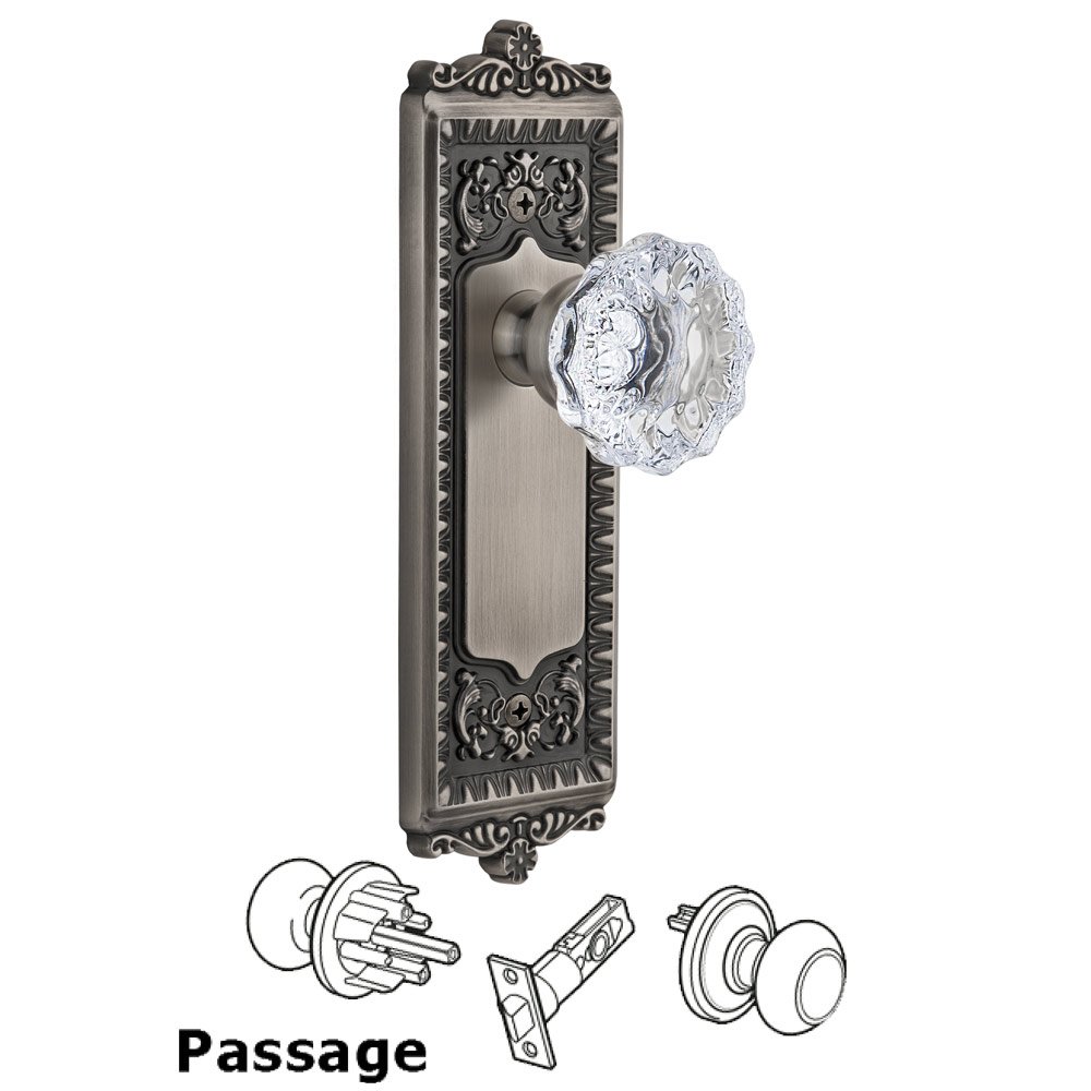 Windsor Plate Passage with Fontainebleau knob in Antique Pewter
