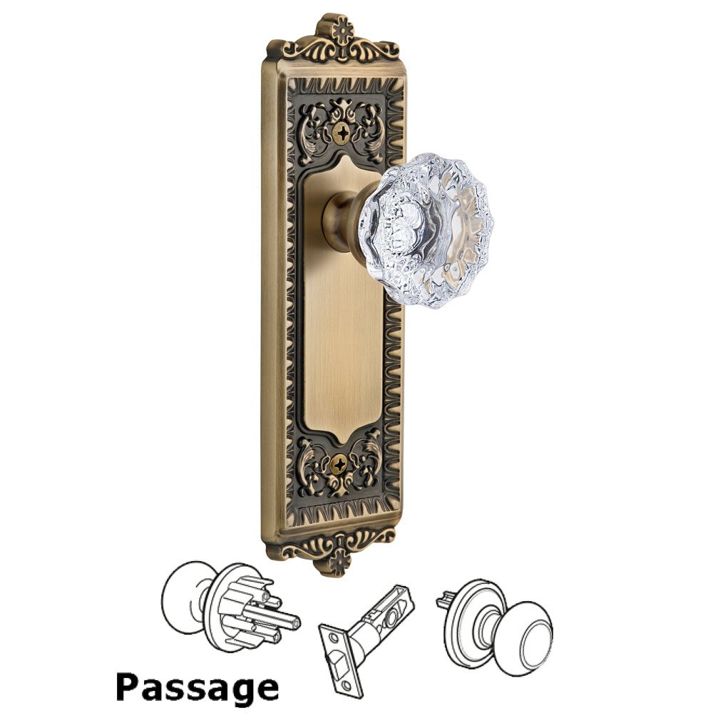 Windsor Plate Passage with Fontainebleau knob in Vintage Brass