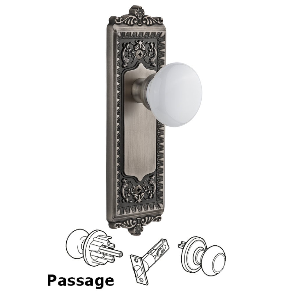 Windsor Plate Passage with Hyde Park White Porcelain Knob in Antique Pewter