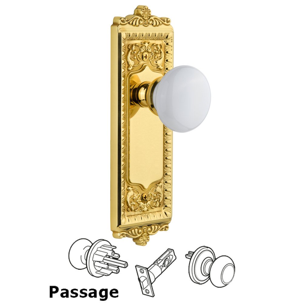 Windsor Plate Passage with Hyde Park White Porcelain Knob in Polished Brass
