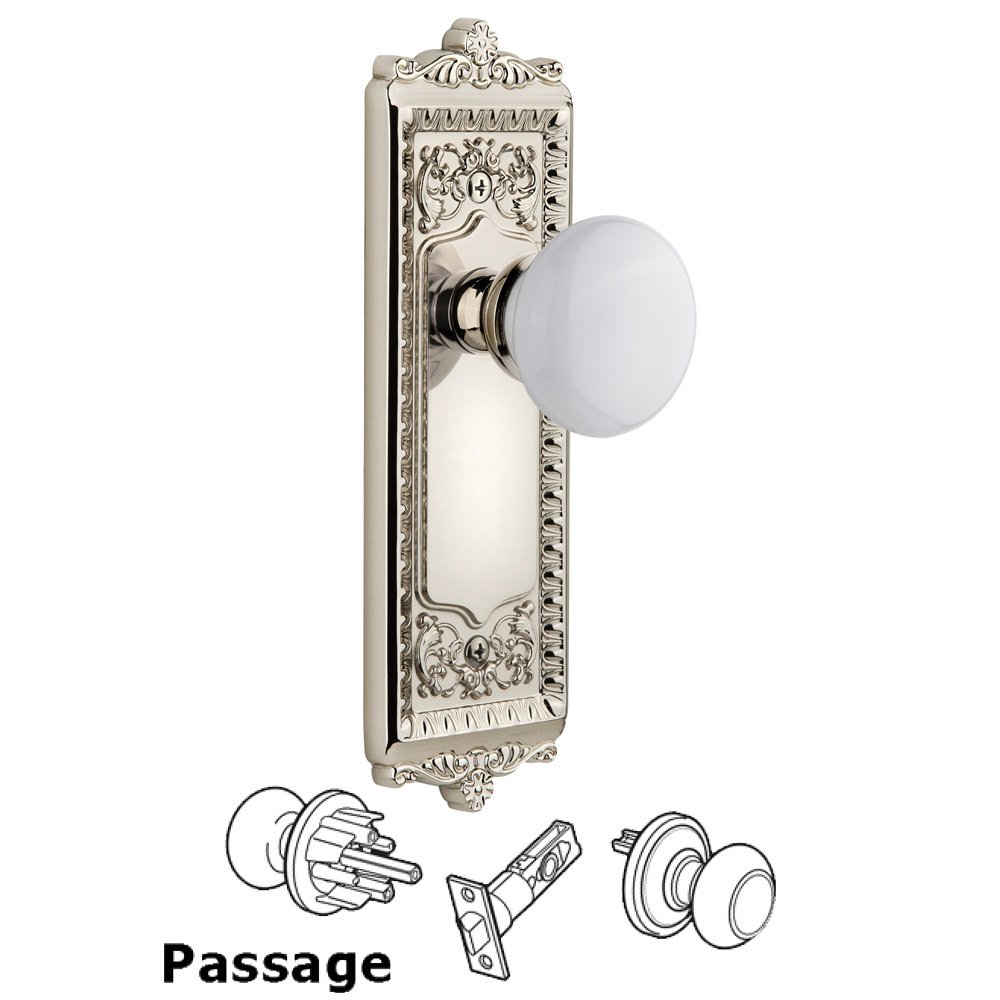 Windsor Plate Passage with Hyde Park White Porcelain Knob in Polished Nickel