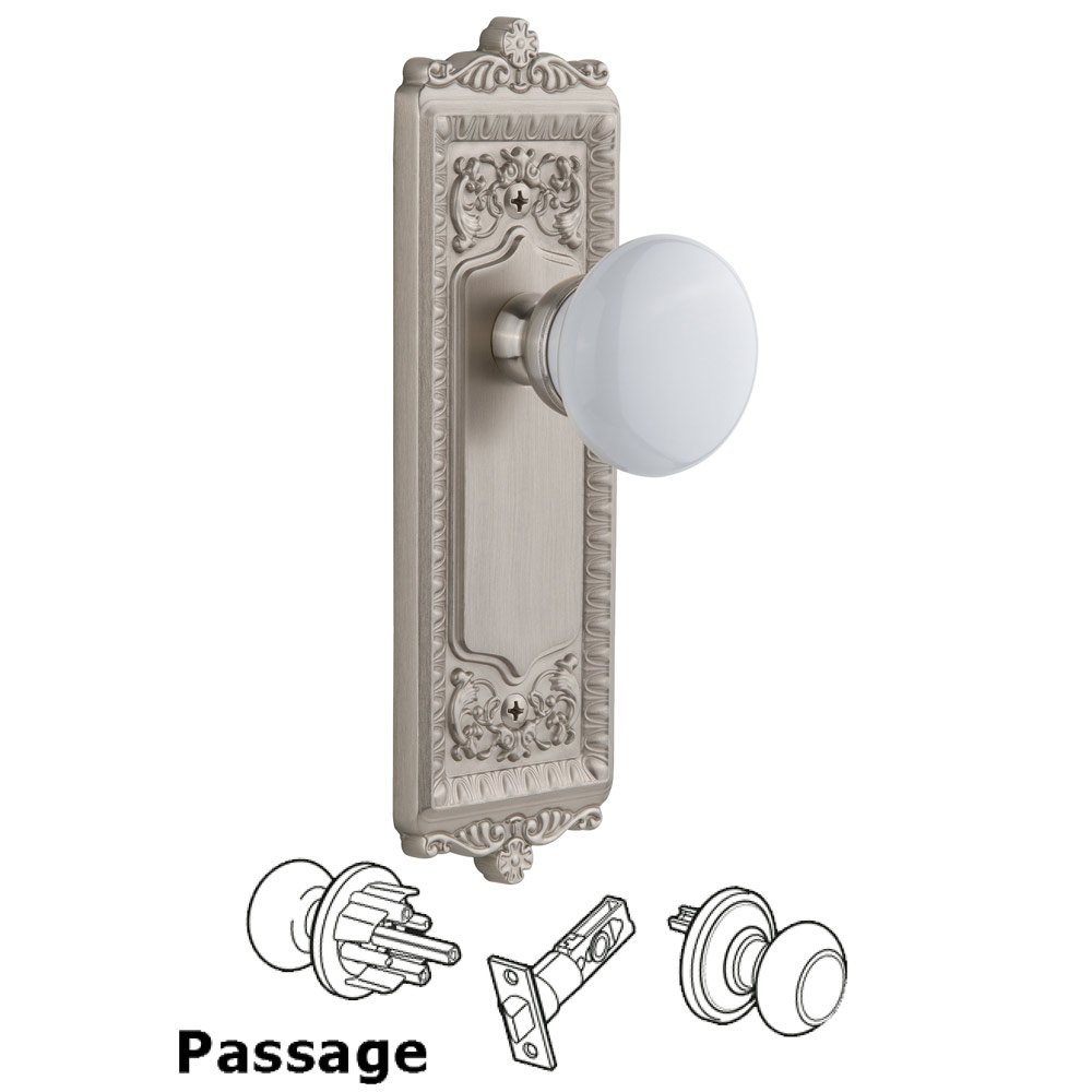 Windsor Plate Passage with Hyde Park White Porcelain Knob in Satin Nickel