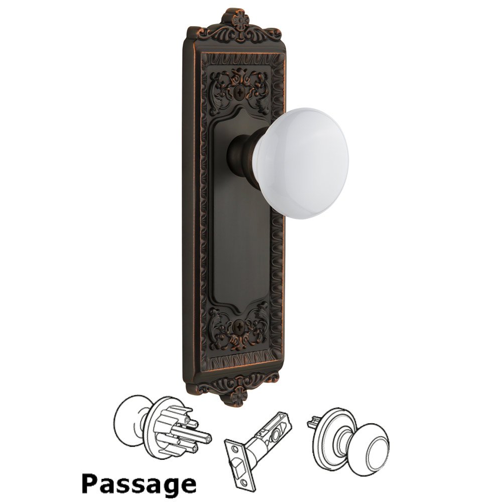 Windsor Plate Passage with Hyde Park White Porcelain Knob in Timeless Bronze