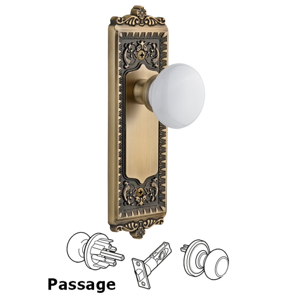 Windsor Plate Passage with Hyde Park White Porcelain Knob in Vintage Brass